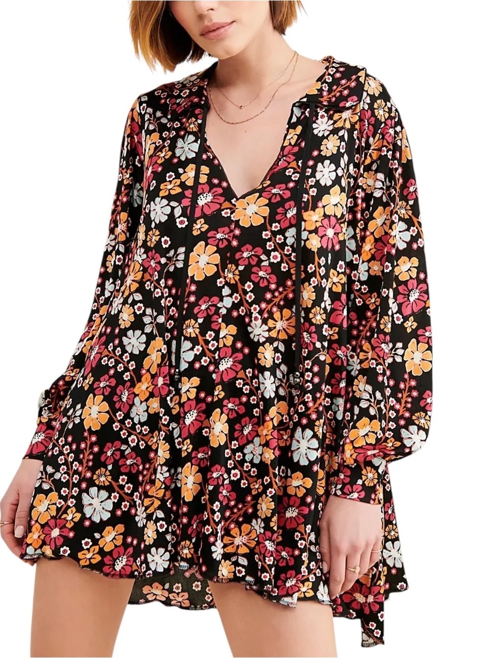 Free People Daisy Jane Black Floral Long Sleeve Mini Dress Size XS